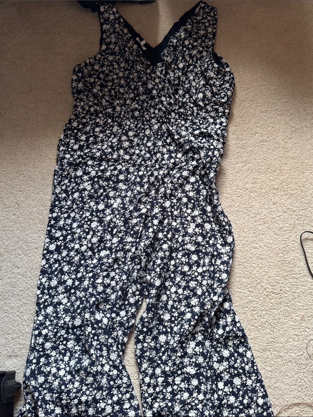 Maurices Black and White Floral V-Neck Sleeveless Jumpsuit